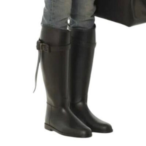 *Burberry Roscot Matte Rubber Check Lining Belted Trim Tall Rain Boots, Size 39