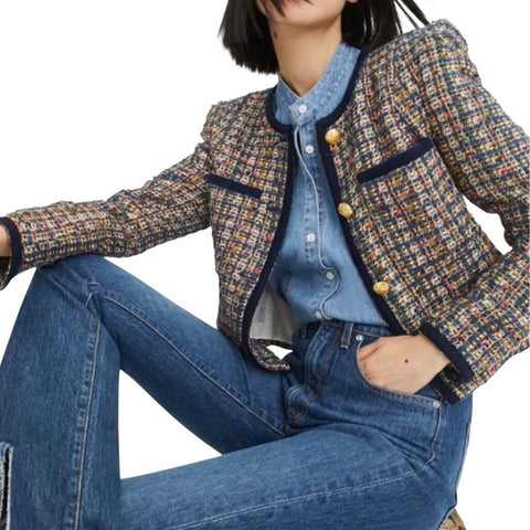 Veronica Beard Lars Tweed Collarless Gold Button Lady Jacket Blazer, Size M