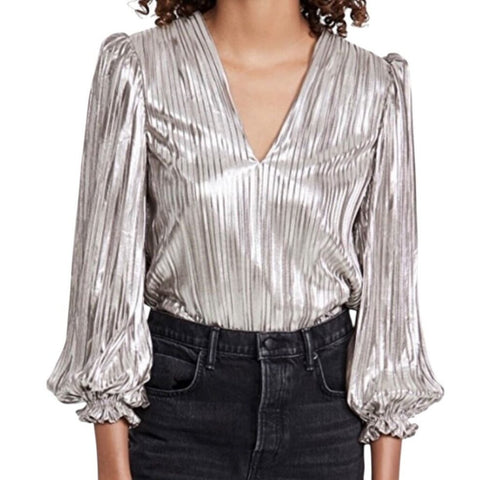 ^Saloni Metallic Lame Plisse Pleat Long Blouson Sleeve V-Neck Top, Size 8