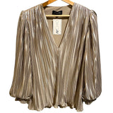 *Saloni Metallic Lame Plisse Pleat Long Blouson Sleeve V-Neck Top, Size 8