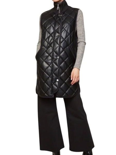 *Adroit Atalier Destiny Faux Leather Diamond Quilted Down-Filled Sleeveless Long Parka Vest, Size M