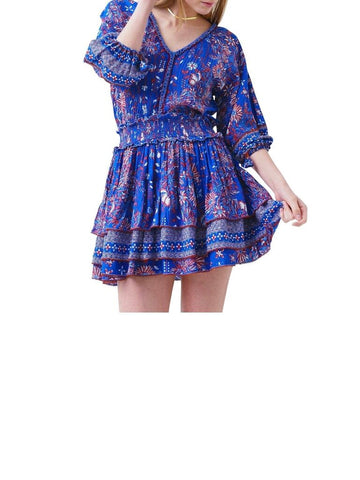 *Poupette St. Barth Ariel Cotton Floral Long Sleeve V-Neck Smocked Waist Mini Dress, Size S