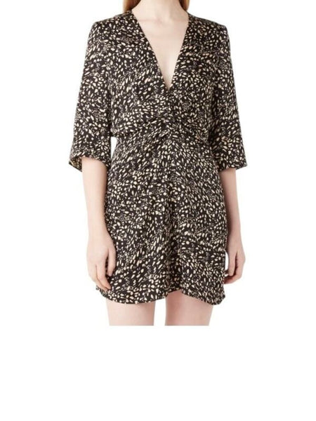 *ba&sh Erika Satin Abstract Elbow Sleeve V-Neck Twisted Waist Mini Dress, Size BS1=4