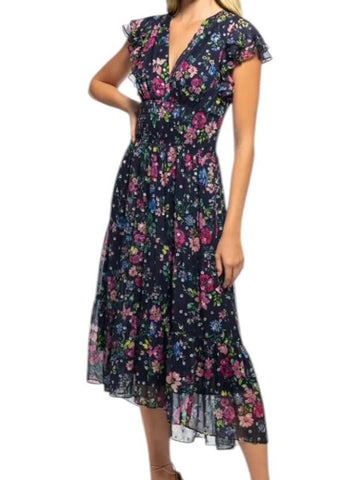 *Shoshanna Neal Floral Clipdot Chiffon Flutter Sleeve V-Neck Smocked Waist Midi Dress, Size 2