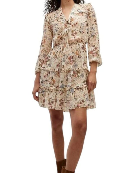 *Veronica Beard Justine Silk Floral Long Sleeve Lace-Up Split Neck Tiered Mini Dress, Size 2