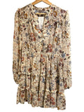 *Veronica Beard Justine Silk Floral Long Sleeve Lace-Up Split Neck Tiered Mini Dress, Size 2
