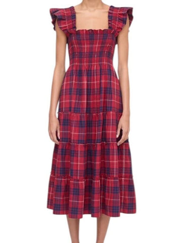 *Hill House Ellie Nap Cotton Plaid Sleeveless Ruffle Square Neck Tiered Midi Dress, Size M