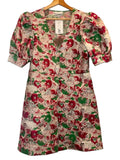 *GANNI Metallic Jacquard Floral Puff Sleeves V-Neck Snap Front Fit Flare Mini Dress,Size 42=US10