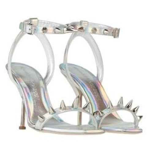 *Alexander McQueen Punk Spike Holographic Leather Studded Stiletto Sandals, Size 38.5