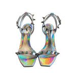 *Alexander McQueen Punk Spike Holographic Leather Studded Stiletto Sandals, Size 38.5