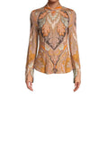 ^Kobi Halperin Lorraine Stretch Jersey Paisley Long Sleeve Collared Button-Up Blouse Top, Size L