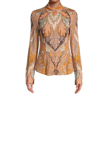 ^Kobi Halperin Lorraine Stretch Jersey Paisley Long Sleeve Collared Button-Up Blouse Top, Size L