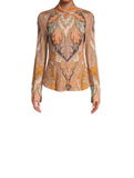 *Kobi Halperin Lorraine Stretch Jersey Paisley Long Sleeve Collared Button-Up Blouse Top, Size L