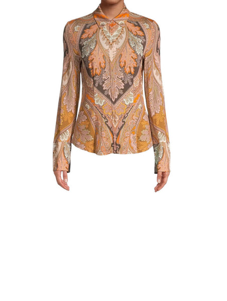 *Kobi Halperin Lorraine Stretch Jersey Paisley Long Sleeve Collared Button-Up Blouse Top, Size L