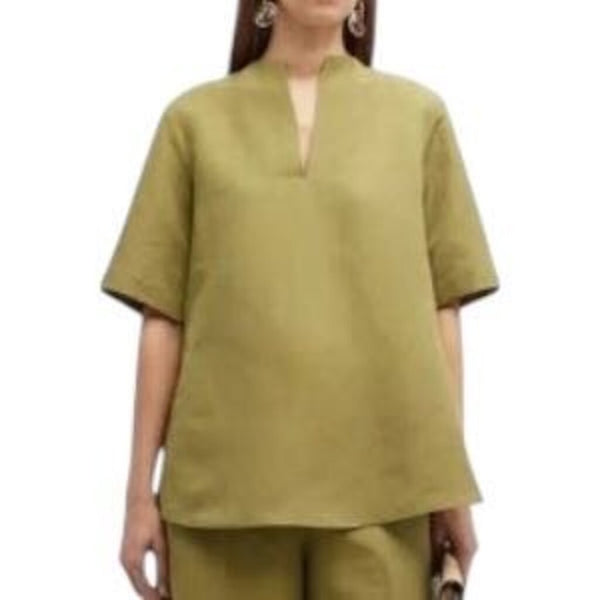 ^Lafayette 148 Raleigh Linen & Slub Silk Short Sleeve Split Neck A-Line Top, Size L