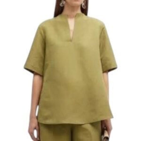 ^Lafayette 148 Raleigh Linen & Slub Silk Short Sleeve Split Neck A-Line Top, Size L