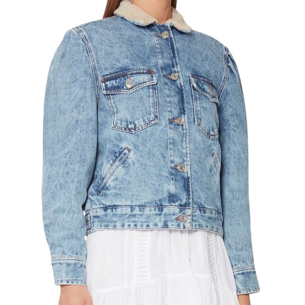*Isabel Marant Etoile Denim & Faux Shearling Puff Sleeve Collared Stud Close Trucker Jacket, Size FR38=US6