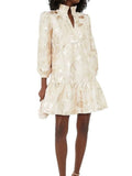 *NWT Tuckernuck Palmerston Metallic Jacquard 3/4 Sleeve Ruffle Split Neck Trapeze Mini Dress, Size M