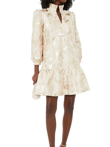 *NWT Tuckernuck Palmerston Metallic Jacquard 3/4 Sleeve Ruffle Split Neck Trapeze Mini Dress, Size M