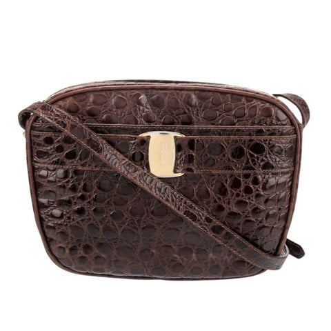 *Salvatore Ferragamo Vara Embossed Leather Crocodile Gold Logo Crossbody Bag