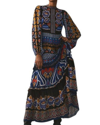 *Farm Rio Ainika Floral Long Sleeve High Neck Tiered Maxi Dress, Size S