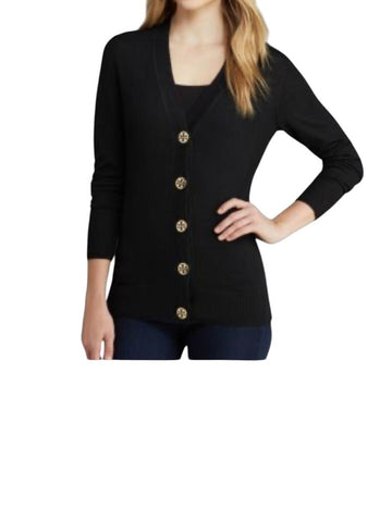 *Tory Burch Simone Merino Wool Rib Knit Gold Logo Buttons V-Neck Boyfriend Cardigan, Size L