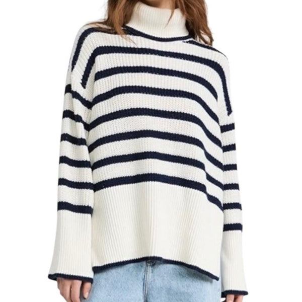 *AMO Topanga Cotton Alpaca Stripe Turtleneck Side Slit Pullover Sweater, Size XS/S