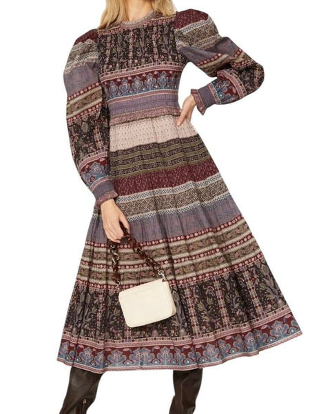 *Sea NY Brooke Cotton Mixed Floral Long Puff Sleeve Smocked Bodice Ruffle Neck Midi Dress, Size 6