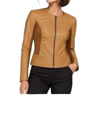 ^Trouve Leather Topstitch Detail Stretch Side Panels Collarless Zip-Up Jacket, Size L