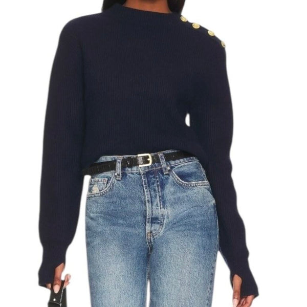*Rag & Bone Nancy Merino Wool Blend Crew Neck Gold Button Shoulder Pullover Sweater, Size XS