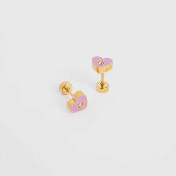 Adorn 512 Pink Enamel Tiny Bubble Heart Screw Flat Back Stud Earrings