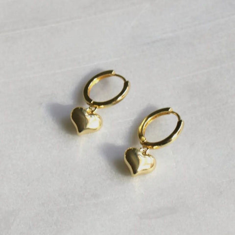 The Silver Wren 18K Gold-Fill Dainty Puffy Heart Charm Huggie Hoop Earrings