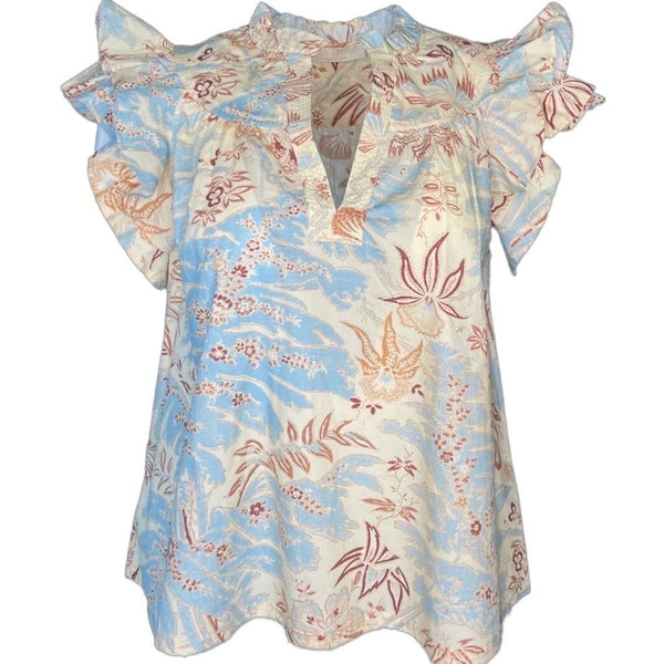 *Ulla Johnson Lei Cotton Floral Flutter Sleeve Ruffle Split Neck Blouse Top, Size 6