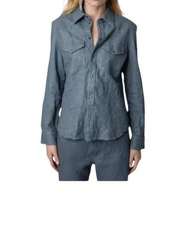 *NWT Zadig & Voltaire Defile Thelma Crinkled Leather Snap-Up Collared Button-Up Shirt Jacket, Size L