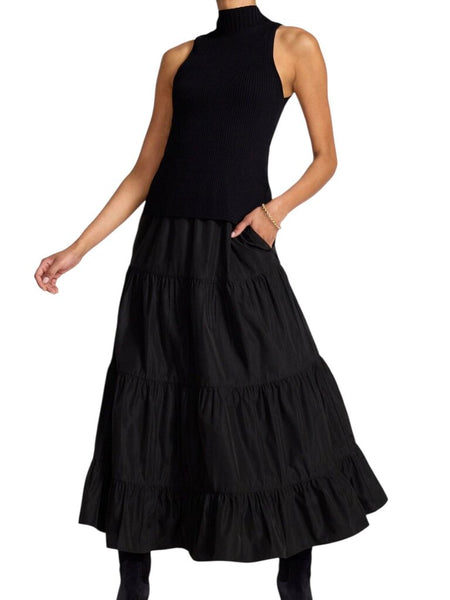 *NWT Brochu Walker Rayne Mixed Media Sleeveless Mock Neck Top Taffeta Tiered Maxi Dress, Size XS