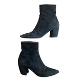 *Prada Suede Pointed Toe 2 1/2" Block Heel Side Zipper Low Shaft Boots, Size 39