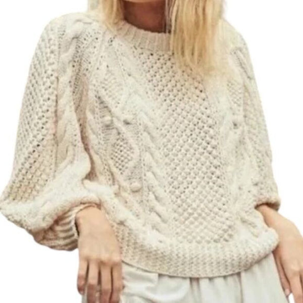 ^Doen Anchor Organic Cotton Hand Knit Cable Crew Neck Pullover Sweater, Size L