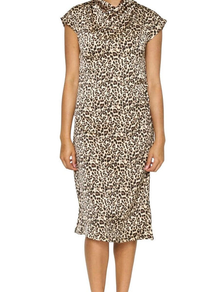 ^Lewit Crepe Leopard Cap Sleeve Draped Neck A-Line Midi Dress, Size 6