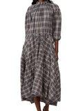 ^Teija Cotton & Wool Plaid Puff 3/4 Sleeve Ruffle High Neck Tie-Waist Tiered Midi Dress, Size 8