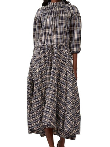 ^Teija Cotton & Wool Plaid Puff 3/4 Sleeve Ruffle High Neck Tie-Waist Tiered Midi Dress, Size 8