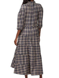 ^Teija Cotton & Wool Plaid Puff 3/4 Sleeve Ruffle High Neck Tie-Waist Tiered Midi Dress, Size 8