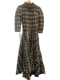 *Teija Cotton & Wool Plaid Puff 3/4 Sleeve Ruffle High Neck Tie-Waist Tiered Midi Dress, Size 8