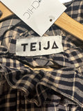 *Teija Cotton & Wool Plaid Puff 3/4 Sleeve Ruffle High Neck Tie-Waist Tiered Midi Dress, Size 8