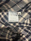 *Teija Cotton & Wool Plaid Puff 3/4 Sleeve Ruffle High Neck Tie-Waist Tiered Midi Dress, Size 8