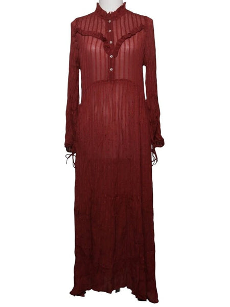 *Cecilie Copenhagen Sheer Stripe Long Sleeve Ruffle High Neck & Yoke Maxi Dress, Size S