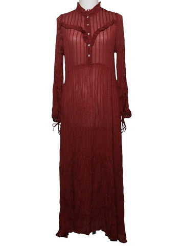 *Cecilie Copenhagen Sheer Stripe Long Sleeve Ruffle High Neck & Yoke Maxi Dress, Size S