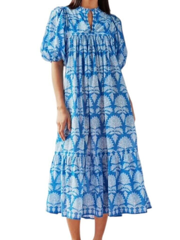 *Omika Wren Cotton Blockprint Puff Sleeve Split Neck Empire Waist Belt Midi Dress, Size S