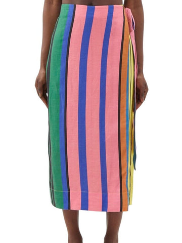 ^Staud Kaitlyn Linen Stripe Tie Wrap Midi Skirt, Size S