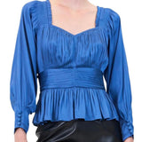 *NWT Hunter Bell Caro Crinkle Satin Long Sleeve Smocked Shoulder V-Neck Peplum Top, Size 6