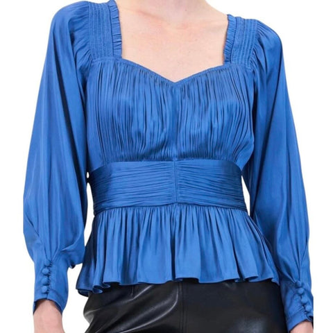 *NWT Hunter Bell Caro Crinkle Satin Long Sleeve Smocked Shoulder V-Neck Peplum Top, Size 6